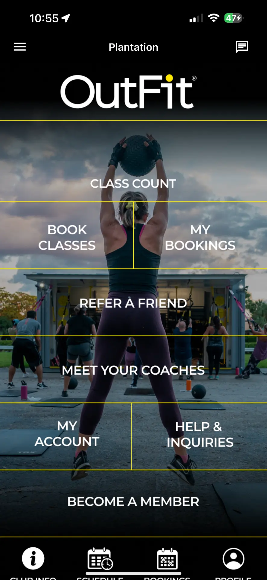 The OutFit Training app home screen showing Book Classes, My Bookings, and Meet Your Coaches